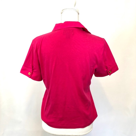 Chaps Blouse Sz M Pink V-Neck, Gold Button Accent Top, Short Sleeves - Picture 4 of 5